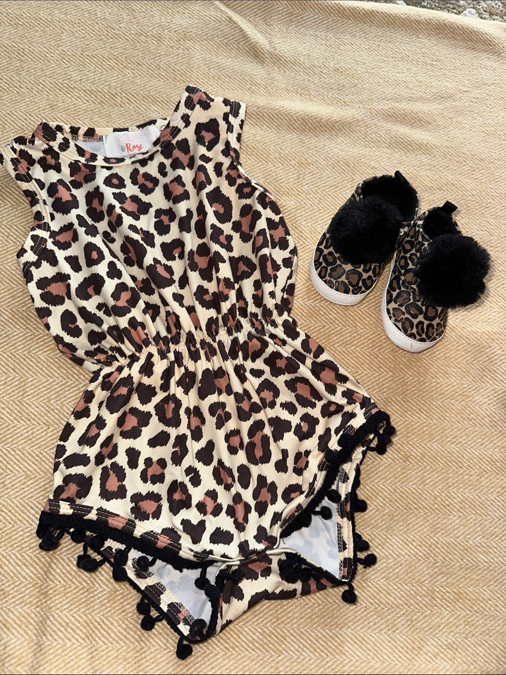 MILA & ROSE Leopard Print Pom Trim One-Piece Romper 6-12